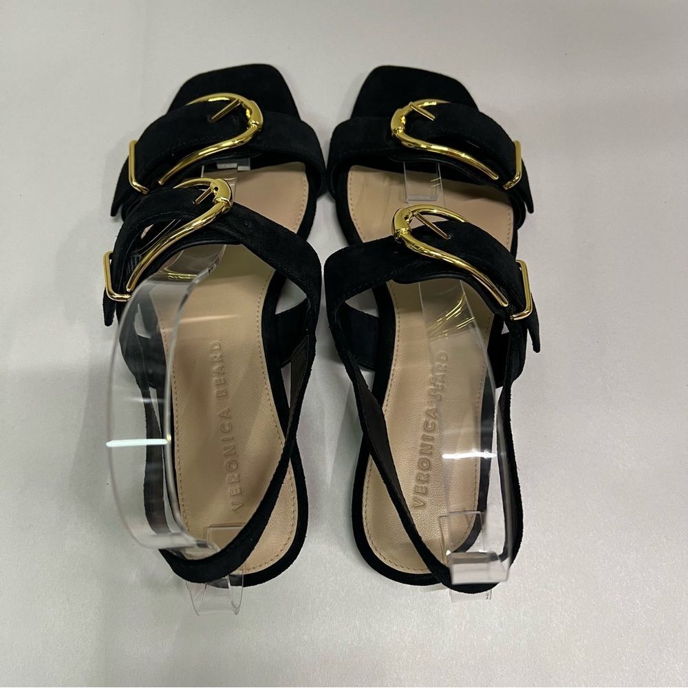 Veronica Beard Black Suede Slingback Sandals with Gold Buckles - Picture 4 of 10